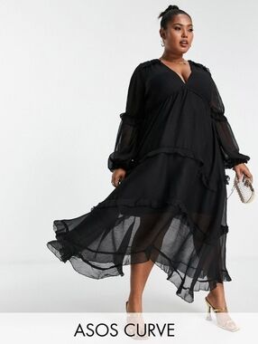 ASOS Curve Black Chiffon Tiered Ruffle Maxi Dress Size 16